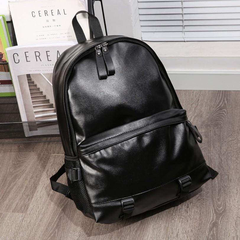 Unisex Backpack Pu Leather Student Bag - Black
