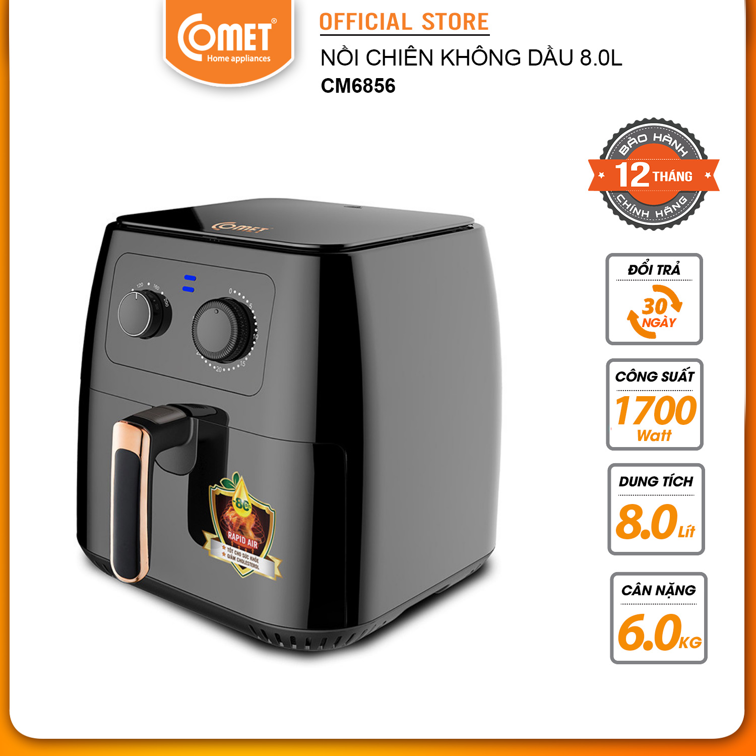 Nồi Chiên Không Dầu Comet CM6856 8 Lít - Hàng Chính Hãng