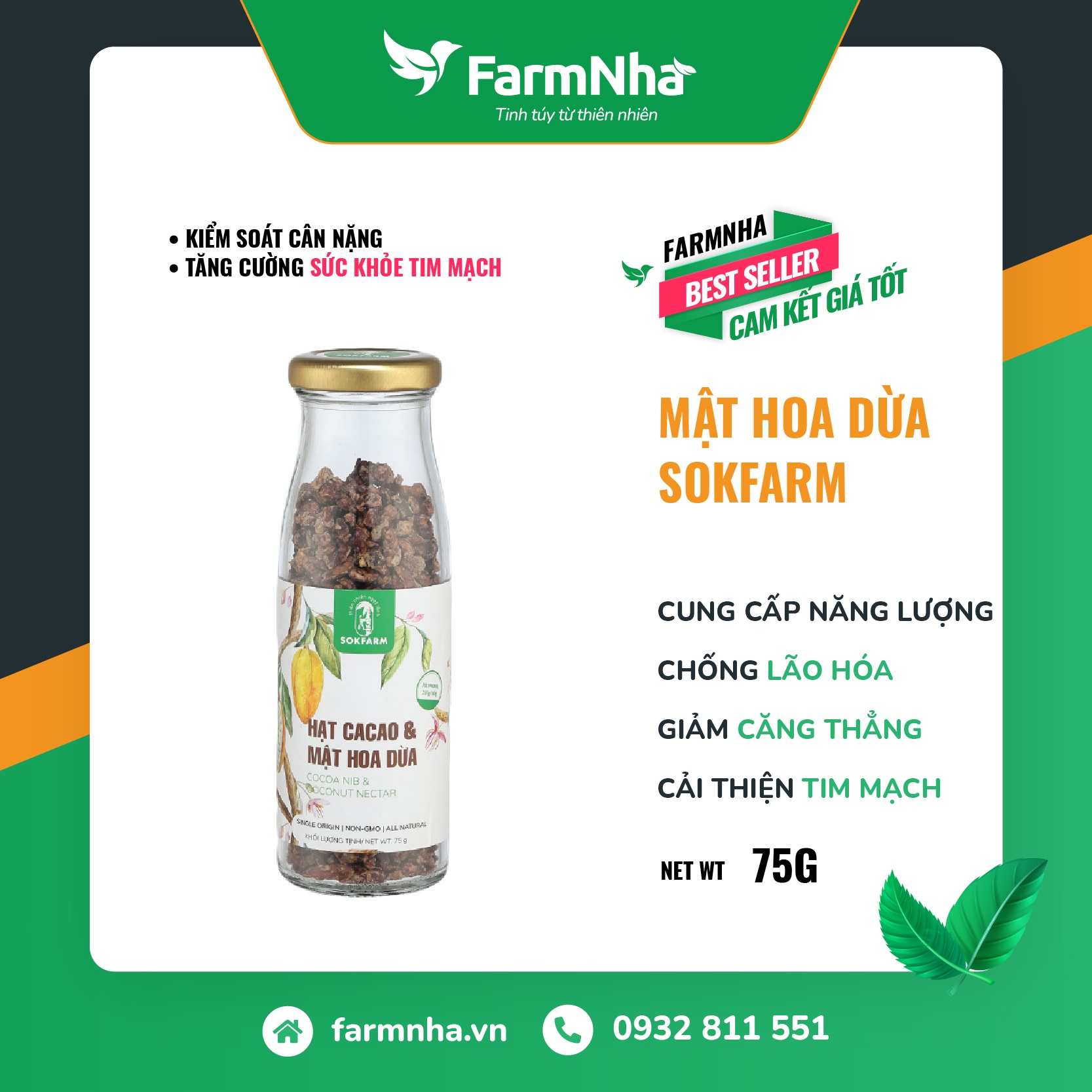 Hạt Cacao mật hoa dừa Sokfarm 100% Organic, thuần chay và đường huyết thấp chai 75gr - Hàng chính hãng [FARMNHAVIET]