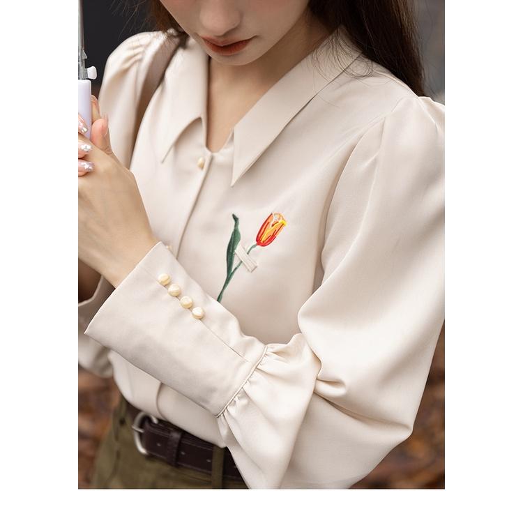Áo sơ mi công sở thêu hoa tuy lip QUYÊN FASHION SMT009, màu hồng kiểu hàn quốc thanh lịch