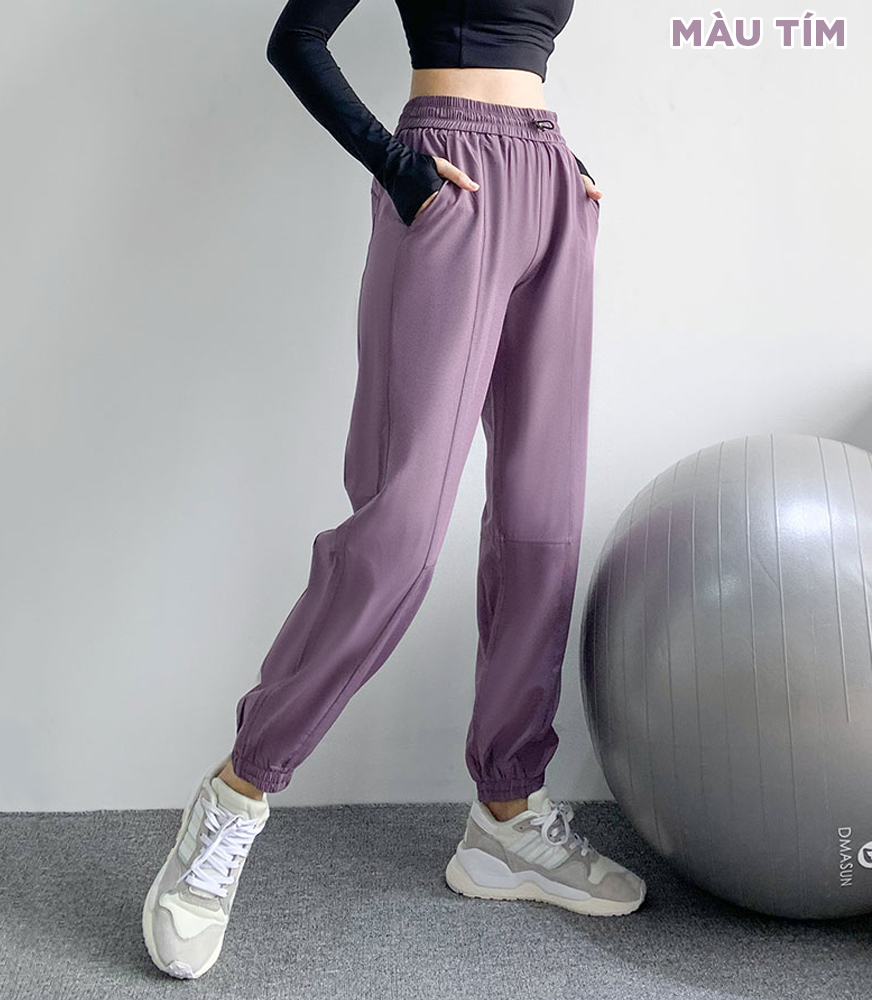 Quần jogger tập gym nữ GYMI QJ06 dáng rộng chất gió giấy mịn thoáng mát có dây rút phù hợp với tập thể thao yoga rumba chạy bộ