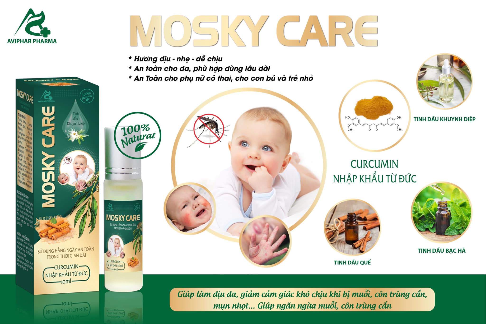 Lăn Dịu Da Mosky Care 10ml giúp làm dịu da bé giảm sưng do muỗi, côn trùng đốt