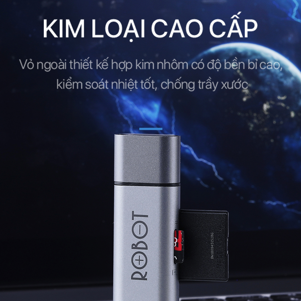 Thiết Bị Đọc Thẻ Nhớ ROBOT CR202 - 2 Đầu Type-C Và USB 3.0, Khe Cắm Thẻ Nhớ SD/Micro SD - Hàng Chính Hãng