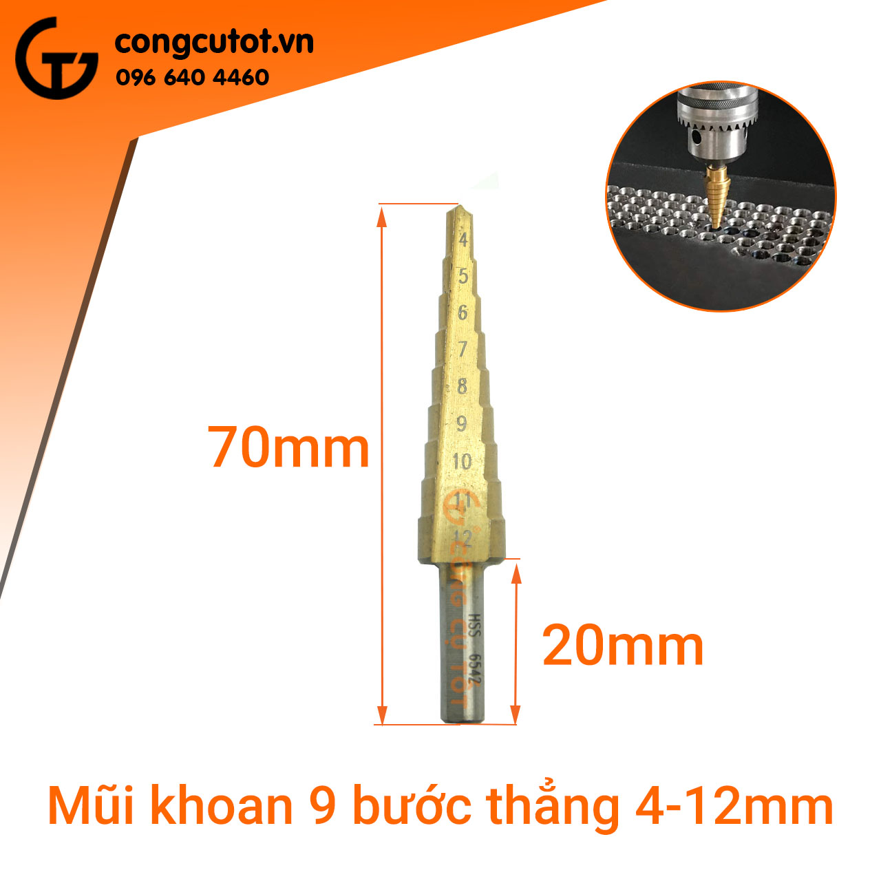 Mũi khoan 9 bước thẳng 4-12mm phủ Titan 6542 chuôi tròn khoan Inox