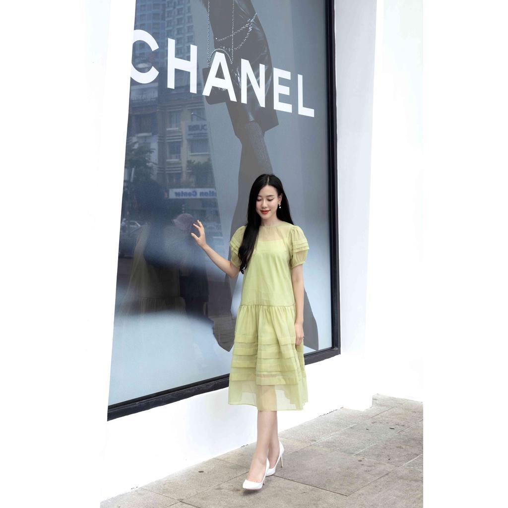 SHEAZ Đầm dáng baby xòe tơ màu xanh bơ cúc ngọc trai đá