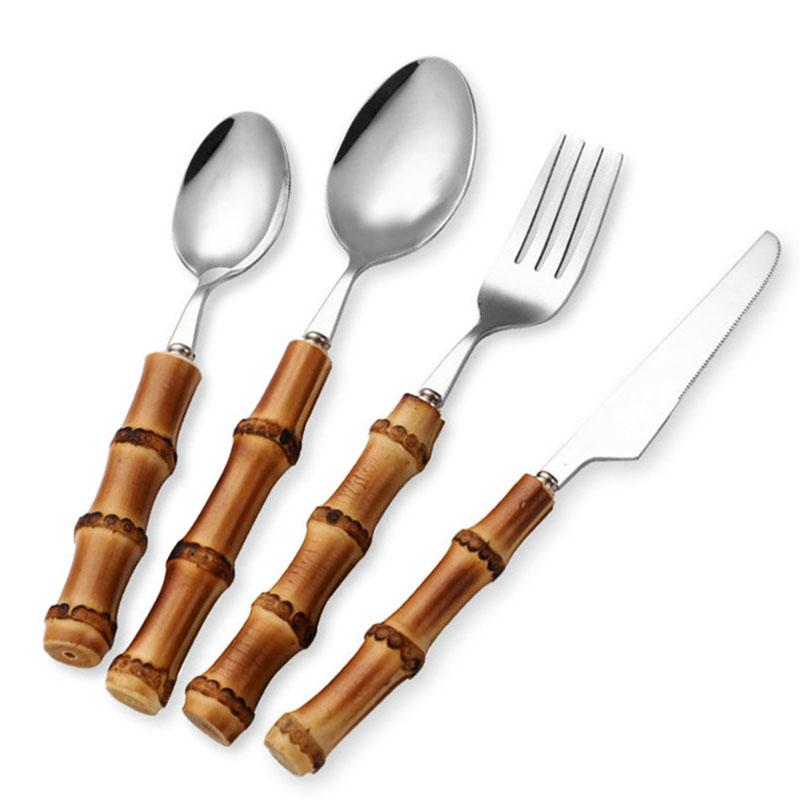 8/16 Cái Cây Tre Dao Kéo Bộ Thép Không Gỉ 304 Bít Tết Dao Kéo Bộ Đồ Ăn Bộ Thìa Và Dĩa, nhà Bếp Ăn Thanh