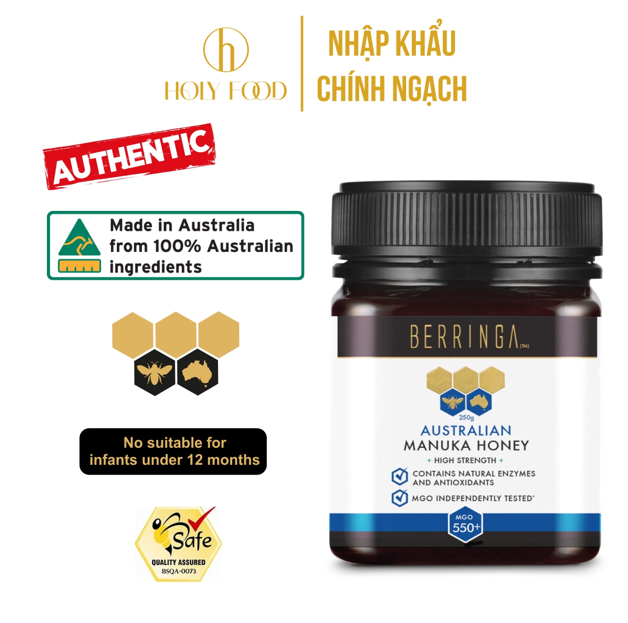 Mật ong Manuka Berringa MGO 550+ 250g nhập khẩu chính hãng từ ÚC