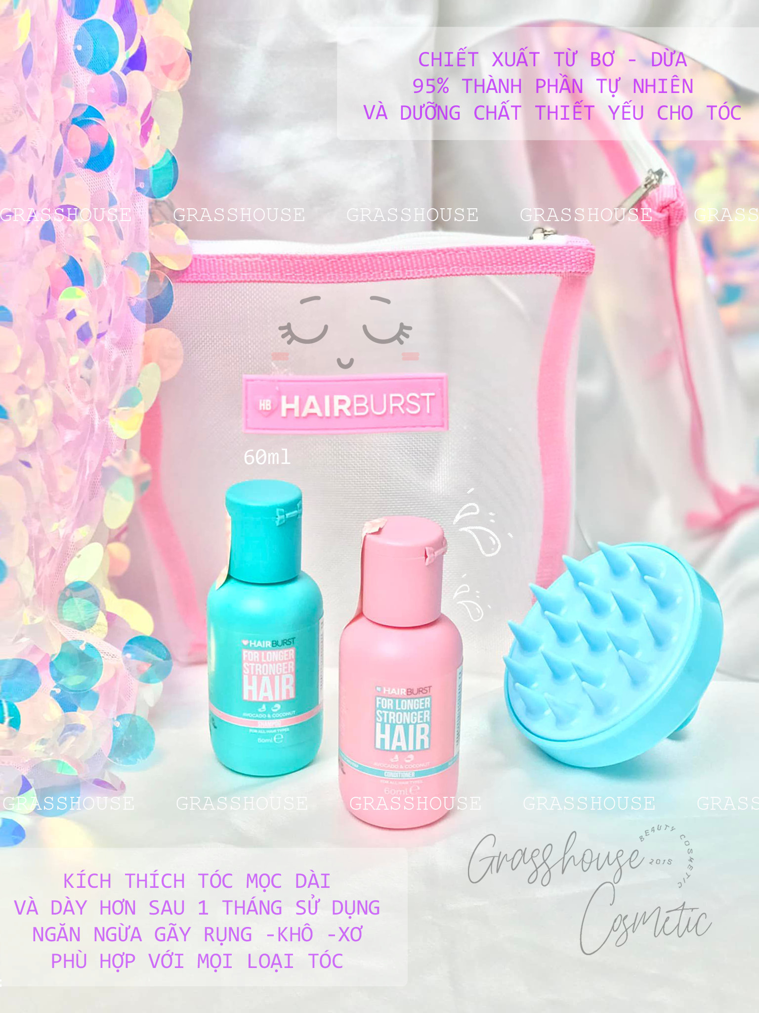 Set gội xả Hairburst Stronger Longer Hair - Travel Size 60ml/chai