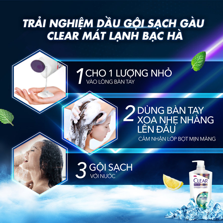 Dầu Gội 630g Clear Sạch Gàu Mát Lạnh Bạc Hà 3X Sức Mạnh Đánh Bay Gàu, Ngứa, Vi Khuẩn