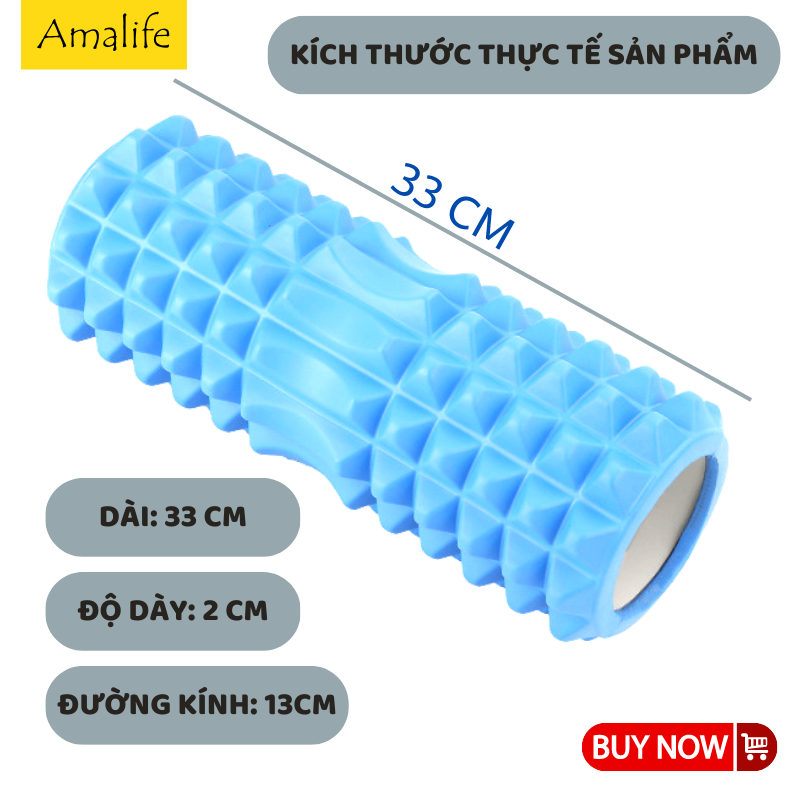 Con lăn Yoga Massage 33cm Chính Hãng Amalife Foarm Roller, ống trụ lăn xốp thể thao giãn cơ có gai roam rollet cao cấp, ống lăn giãn cơ