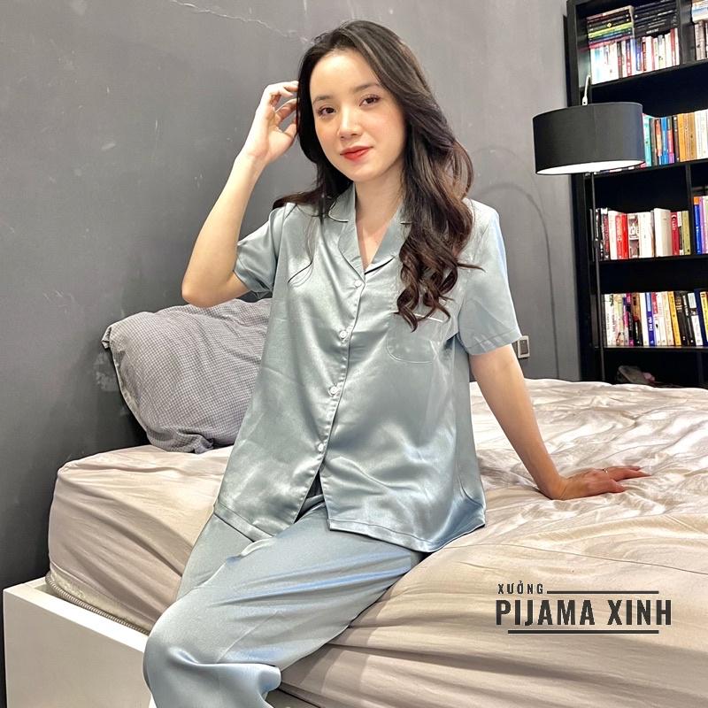 Đồ Ngủ - Đồ Bộ Pijama Lụa Chất Liệu Latin Màu Xanh Siêu Hot Cực Sang Chảnh