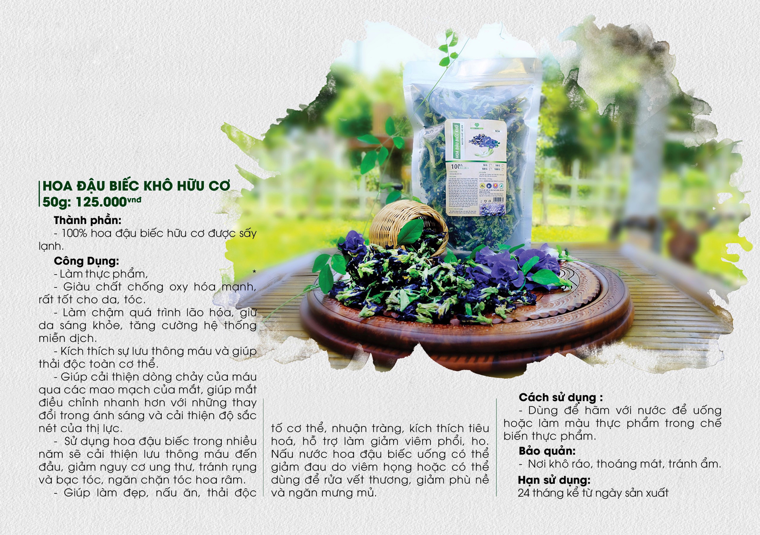 Hoa đậu biếc khô hữu cơ MẸ KEN 50G - tặng kèm miếng lót ly - TRÀ HOA ĐẬU BIẾC, HOA ĐẬU BIẾC KHÔ