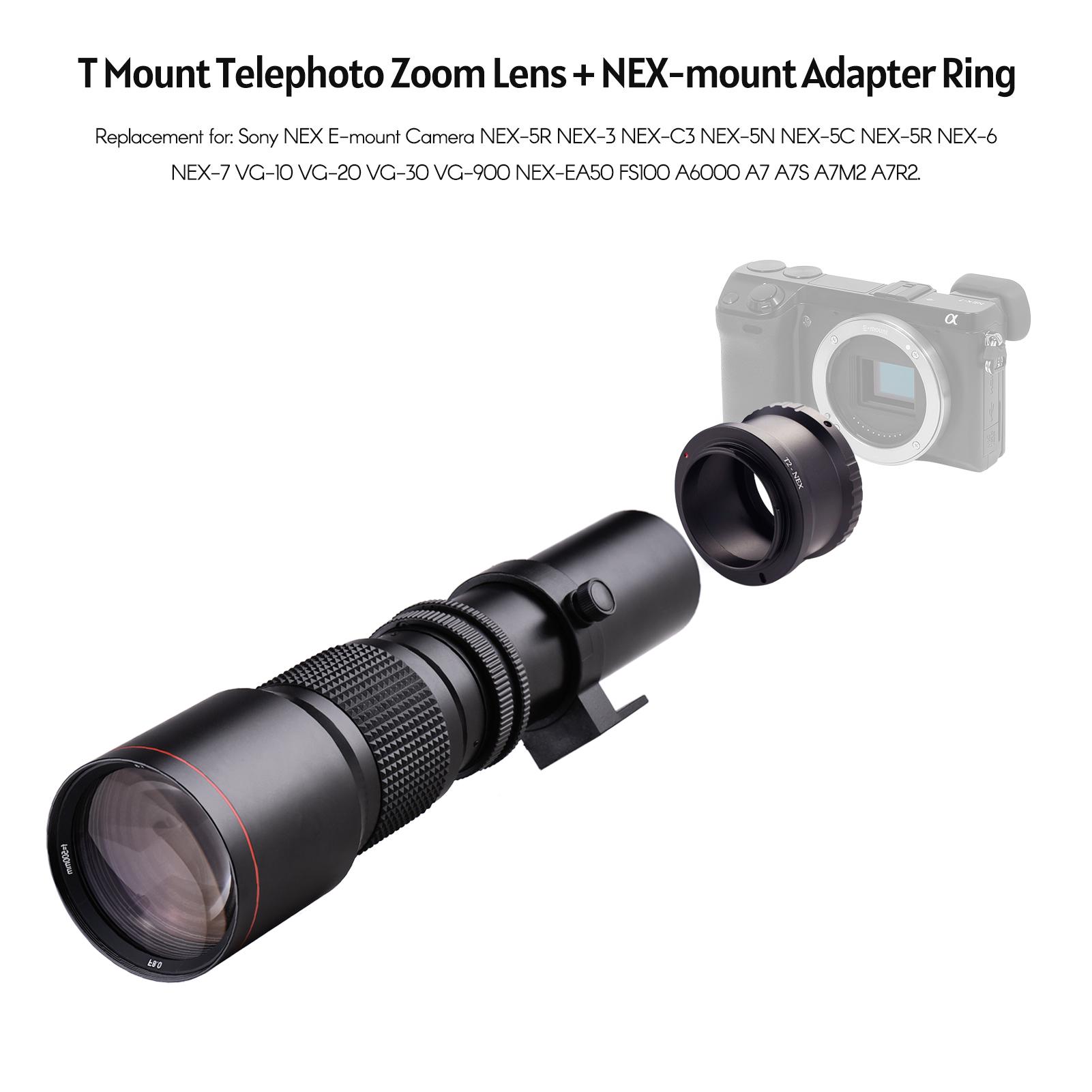 500mm F/8.0-32 Multi Coated Super Telephoto Lens Manual Zoom + T-Mount to NEX E-Mount Adapter Ring Kit Replacement for