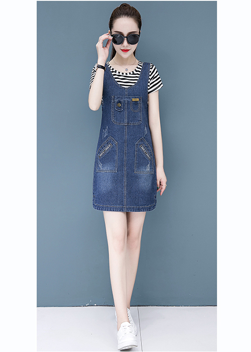 Đầm Yếm Jean Nữ Wash Cào Thêu Logo Thời Trang