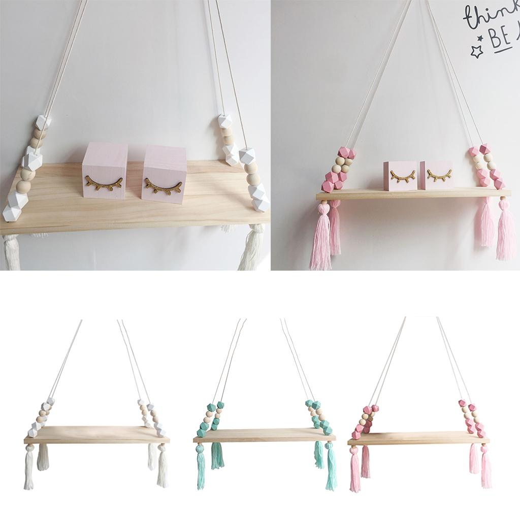Wooden Floating Rope Wall Hanging Shelf Book Kitchen Bedroom Decor White