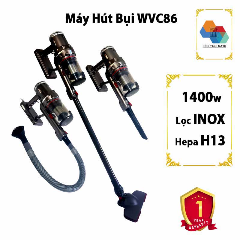 Máy hút bụi cầm tay Hitech WVC-86 hút mạnh mẽ 20000Pa, có dây hút và giá treo tường, hàng chính hãng