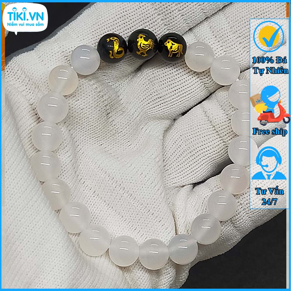 Vòng tam hợp tỵ dậu sửu mã não trắng TH026 - Vòng tay tam hợp quý nhân - Vòng tay tam hợp bằng đá cho người tuổi tỵ dậu sửu - Bảo hành 12 tháng - Vận chuyển toàn quốc - Nhận hàng thanh toán