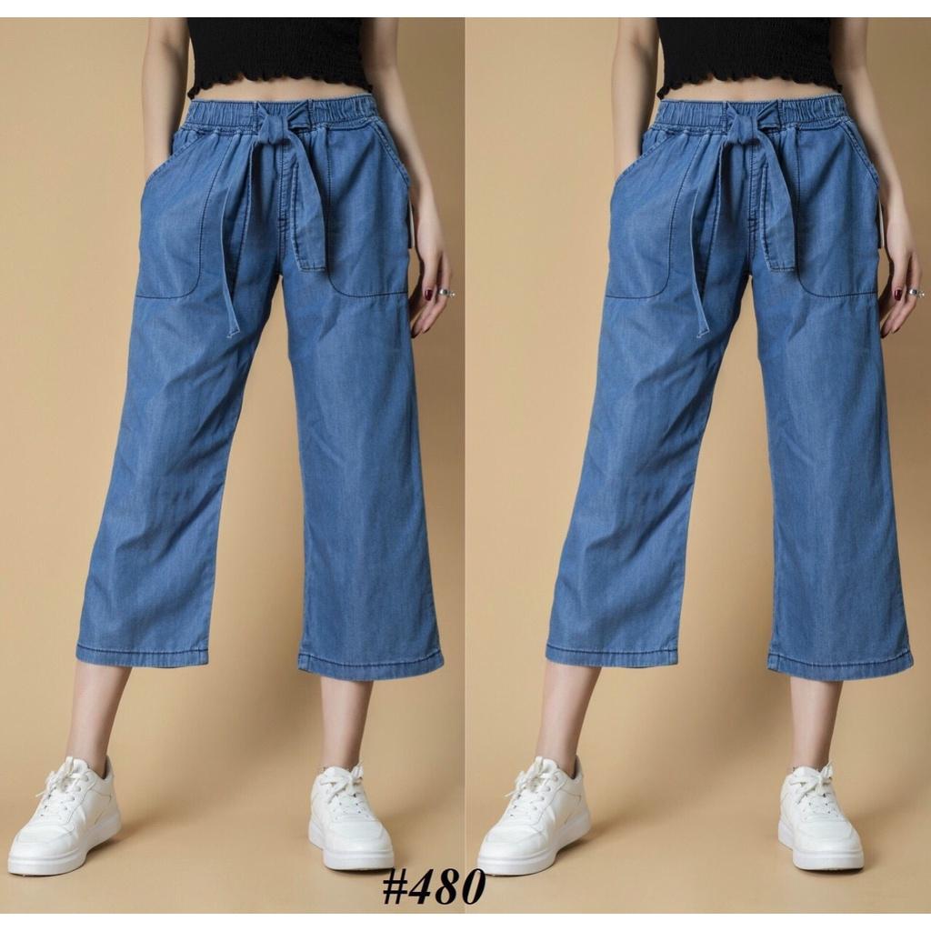 Quần jeans giấy nữ lửng ống rộng vải mềm mát cạp chun trơn hàng hiệu cực đẹp