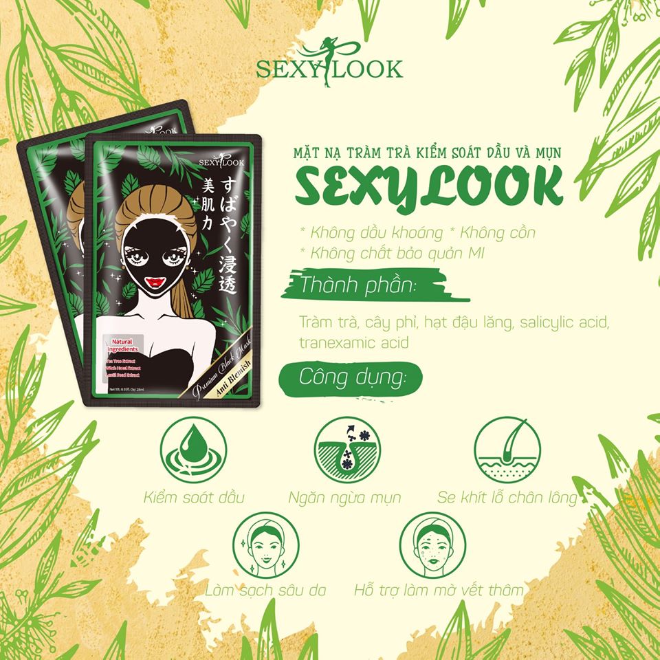 5 Miếng Mặt Nạ Tràm Trà Kiểm Soát Dầu Và Mụn SEXYLOOK Tea Tree Anti Blemish Black Facial Mask 28ml x5 Tặng Móc Khóa Mica