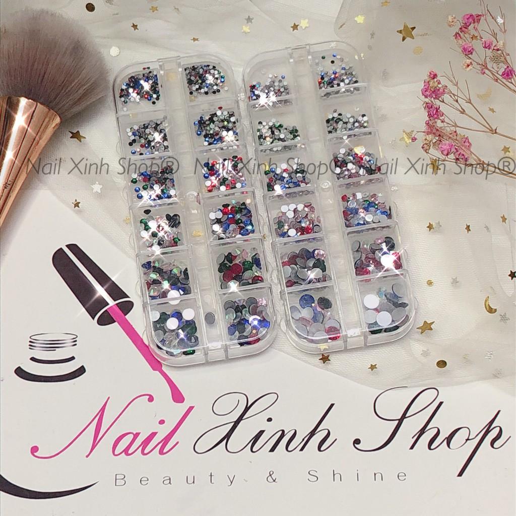 Khay nail 12 ô, phụ kiện trang trí móng tay, đá nail AB, đá chân bạc (1440 viện đá mix size/set) phụ kiện nail hot 2020