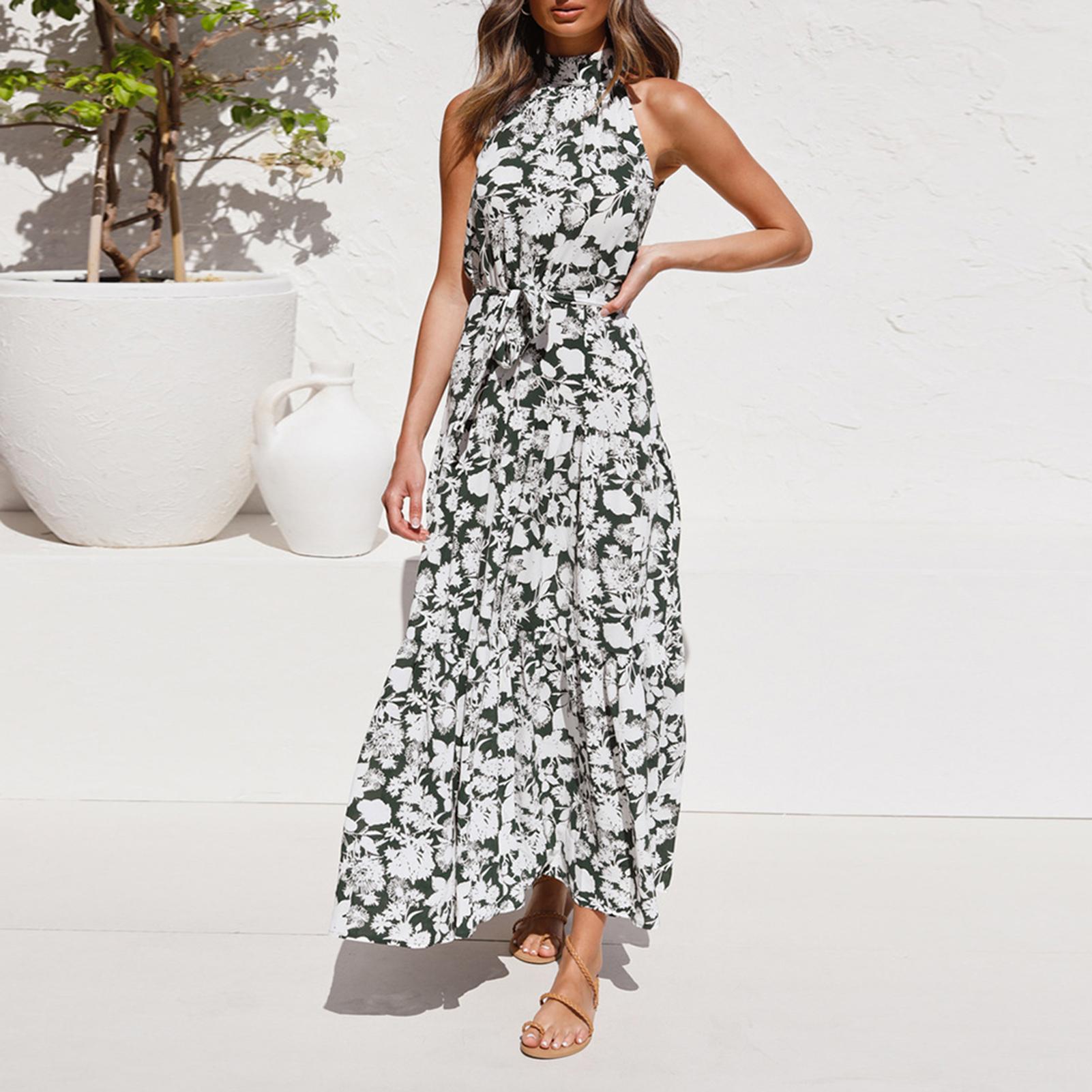 Women Sleeveless Dress Halter Neck Ruffle Hem Long Dress Empire Waist Bow Polka Dots Floral Elegant Casual A-Shaped