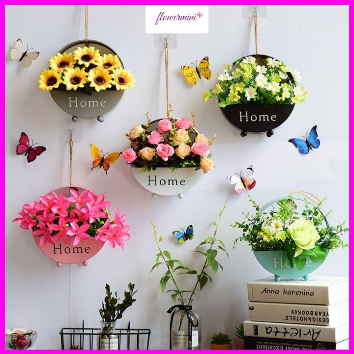 Giỏ hoa lá giả treo tường trang trí nội thất phòng khách, ban công, tiểu cảnh độc đáo Flowermini GH-04