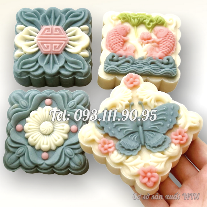 Khuôn trung thu lò xo 4 mặt hình vuông bươm bướm, cá chép vượt vũ môn, hoa văn kiểu – Mã số 1908