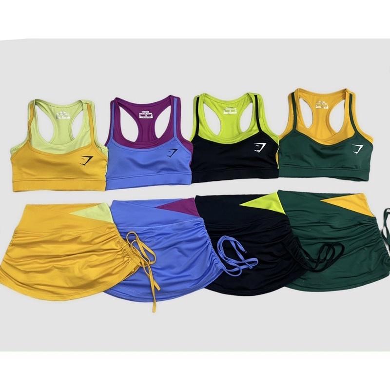 Set bộ tập áo bra váy rút dây phối màu hit hot tập gym, aerobic,thể dục,đi bơi nữ