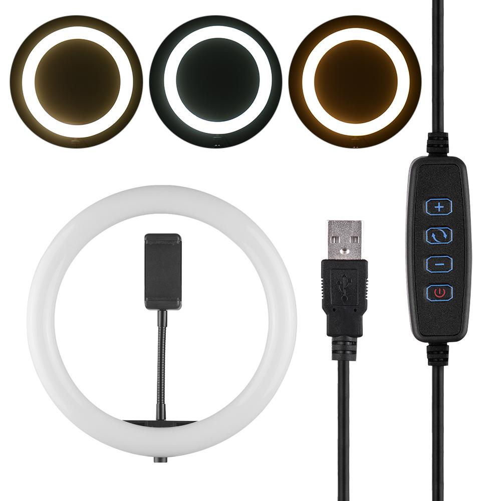 Đèn chiếu video vòng LED 10 inch để bàn 3 Chế độ chiếu sáng USB có thể điều chỉnh độ sáng Được cung cấp năng lượng với Giá đỡ điện thoại Bộ chuyển đổi đầu bóng