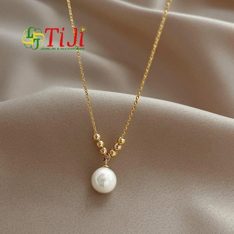 Dây chuyền nữ inox xỏ bi mặt ngọc trai nhân tạo đẹp thời trang không đen không gỉ sét