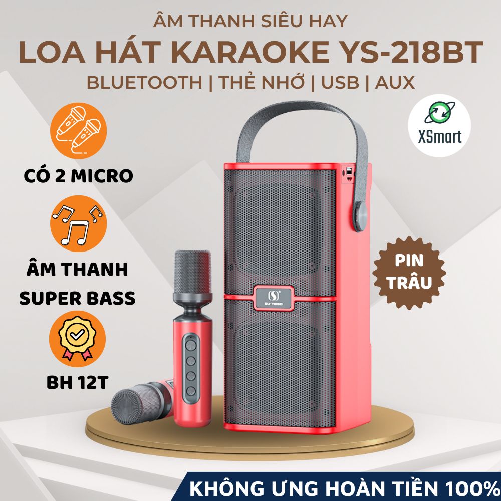 Loa Hát Karaoke Bluetooth YS-218BT 2023 Luxury Có 2 Micro Không Dây, Âm Thanh Cực Hay-Hàng Chính Hãng