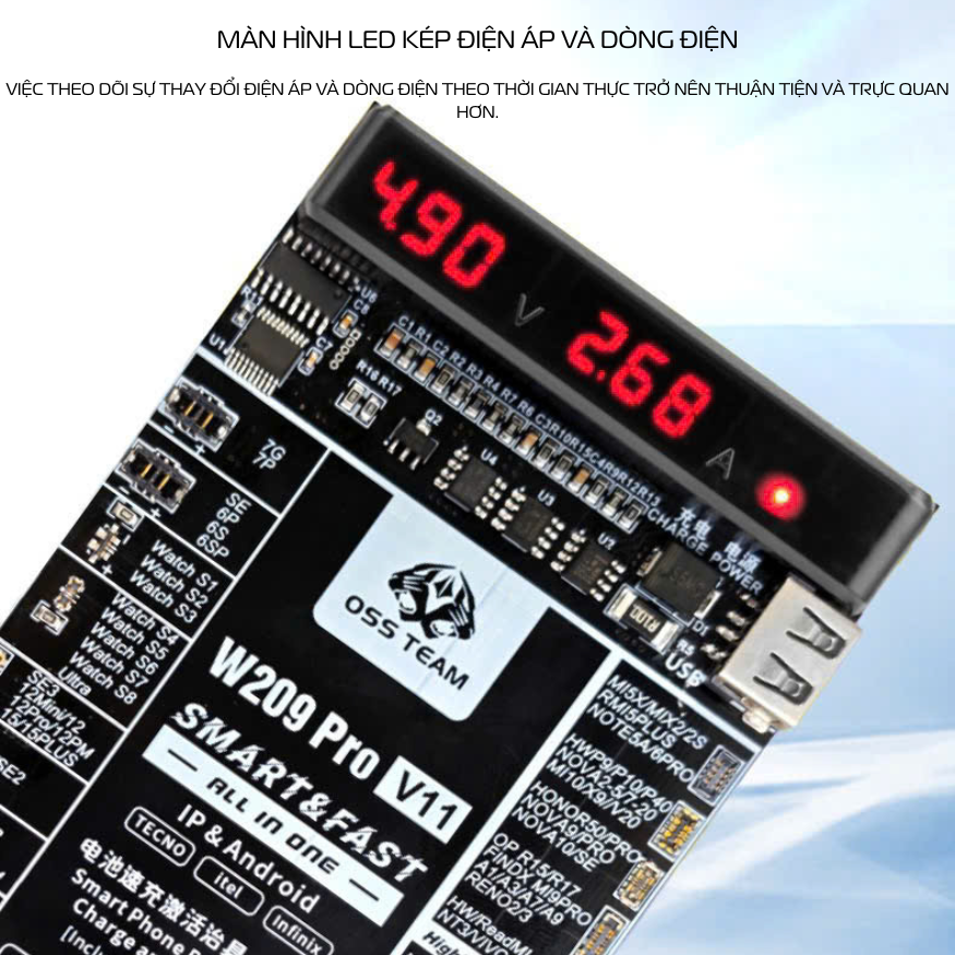 Bộ Kích Pin W209 Pro V11 Dành Cho Điện Thoại Android, Pad, IP Bảo vệ quá tải dòng điện, kiểm tra dung lượng pin - Hàng Nhập Khẩu