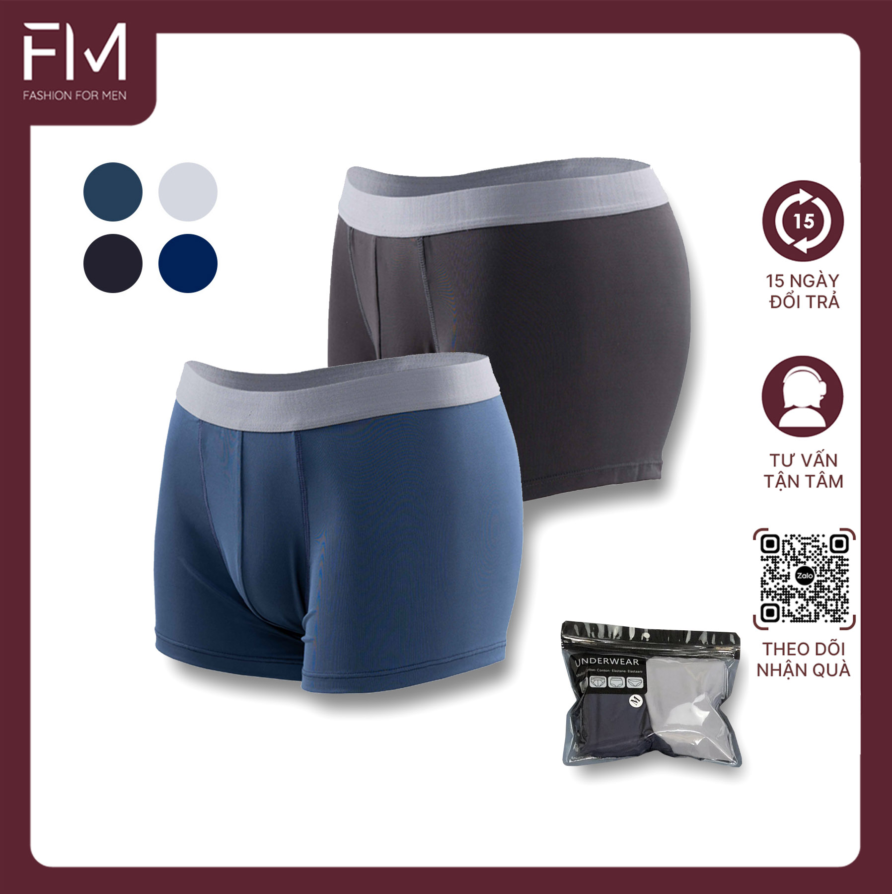 Combo 2 quần boxer nam trơn, bảng to chất thun mềm mịn thoáng mát, co giãn tốt - FORMEN SHOP - FMCB2QS017