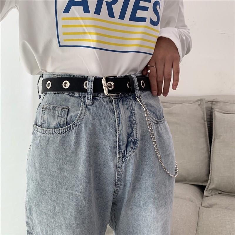 Dây thắt lưng da viền bạc tặng kèm xích chain nam nữ Ulzzang BELT bạc Style HÀN QUỐC LOẠI 1 cá tính