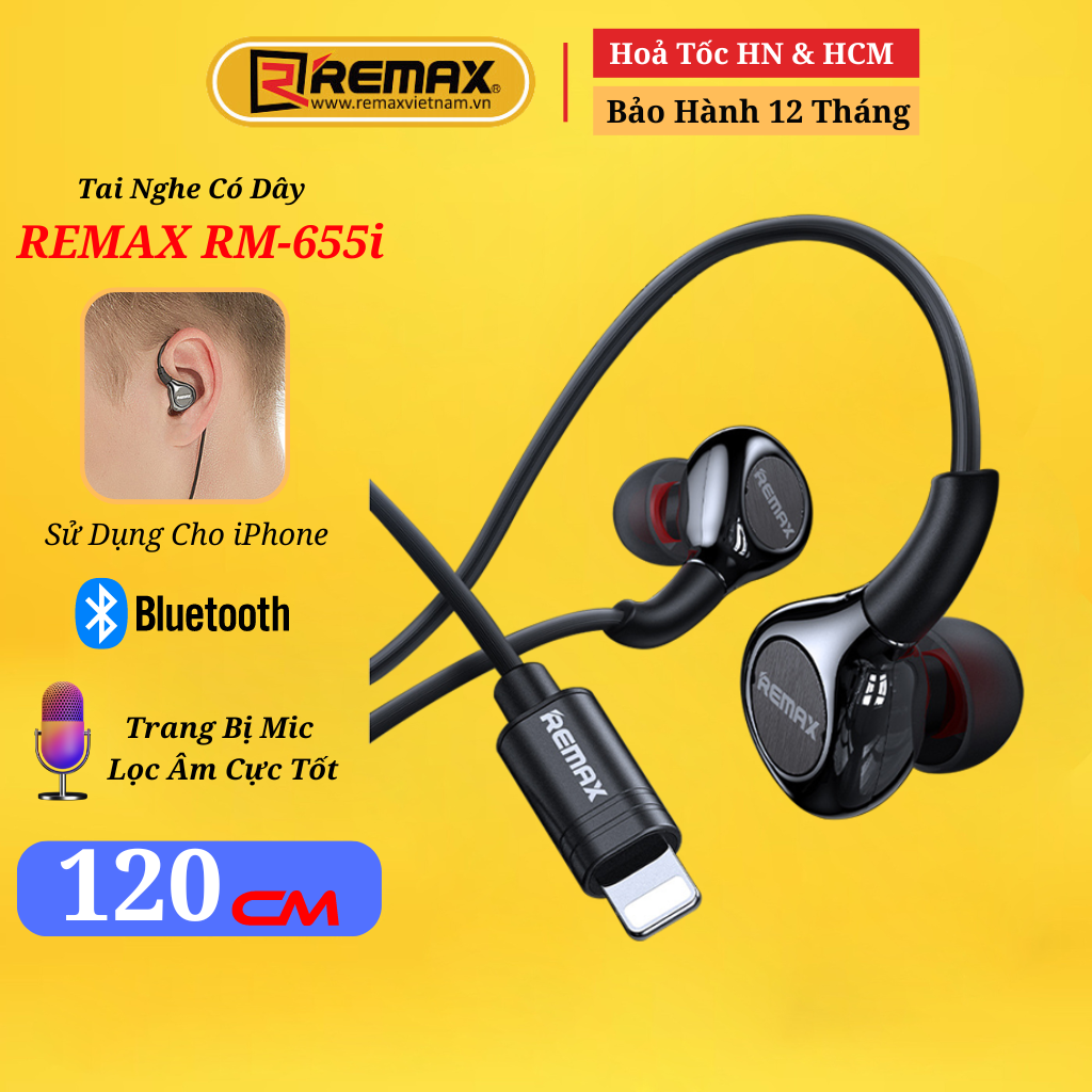 Tai nghe có dây nhét tai chân Lighning chống ồn gaming chơi game pubg Remax RM-655i - Hàng Chính Hãng Remax