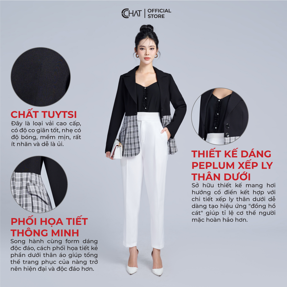 Áo Blazer Nữ  Dáng Vest Kiểu Ôm Phối Thân Chất Tuytsi Cao Cấp Mềm Mịn 22EHS8001PT