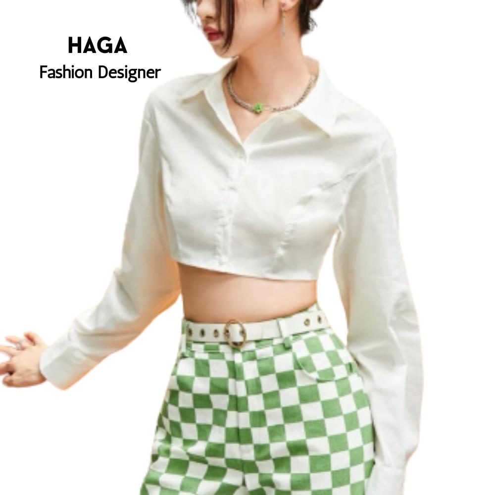 Áo sơ mi croptop dài tay HAGA cổ áo polo SM67