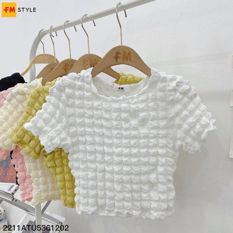 Áo croptop thun xốp Fm Style cổ tròn tay ngắn vải xốp phồng mềm nhiều màu sắc thời trang ulzzang 22110084