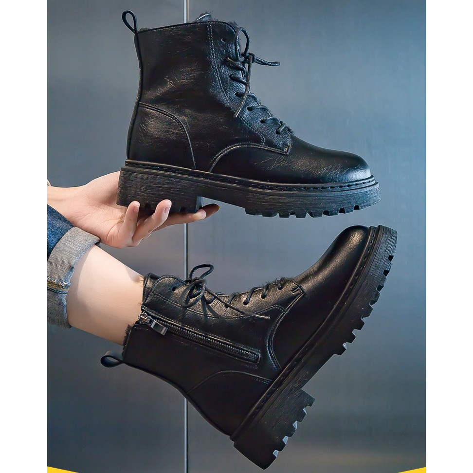 Giày boots combat nữ, giày bốt nữ cột dây 1 dây kéo cổ lửng S011