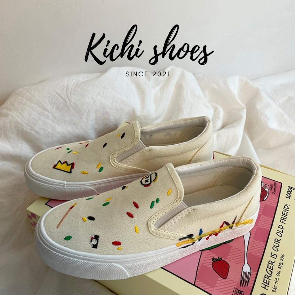 Giày lười slip on hoạ tiết thêu nhí phong cách Ulzzang dành cho nữ mã 1116 - Kichi Shoes