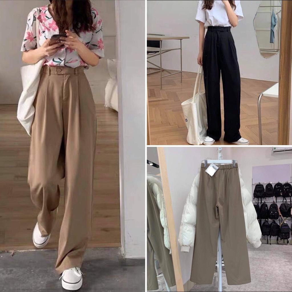 Quần đũi ống rộng nữ lưng cao khóa thật lưng chun - Màu Đen và Nâu - Ống dài 100cm lên dáng suông đứng cực xinh