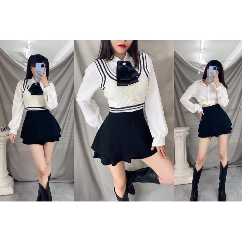 Áo sơmi croptop gi-lê viền trắng đen