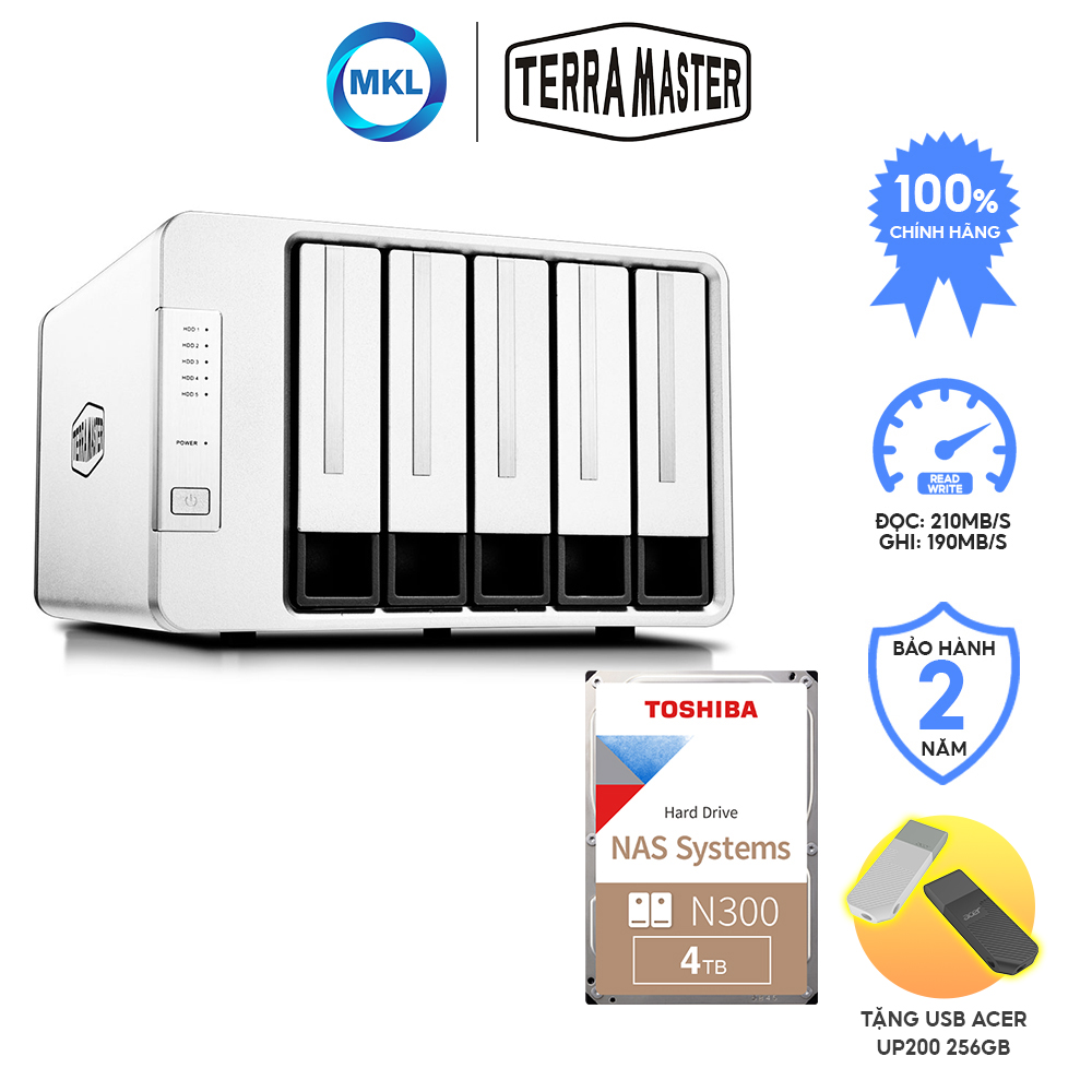 Combo thiết bị lưu trữ Das Terra Master D5-300 5 khay + ổ cứng HDD Nas Toshiba N300 4TB Dùng Lưu Trữ Video, Hình Ảnh - hàng chính hãng