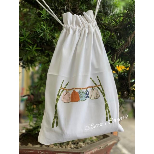 Túi dây rút thêu tay hình quần áo mắc thanh tre size 34*49 cm - Hand Embroidery Lingerie Bag Vietnam