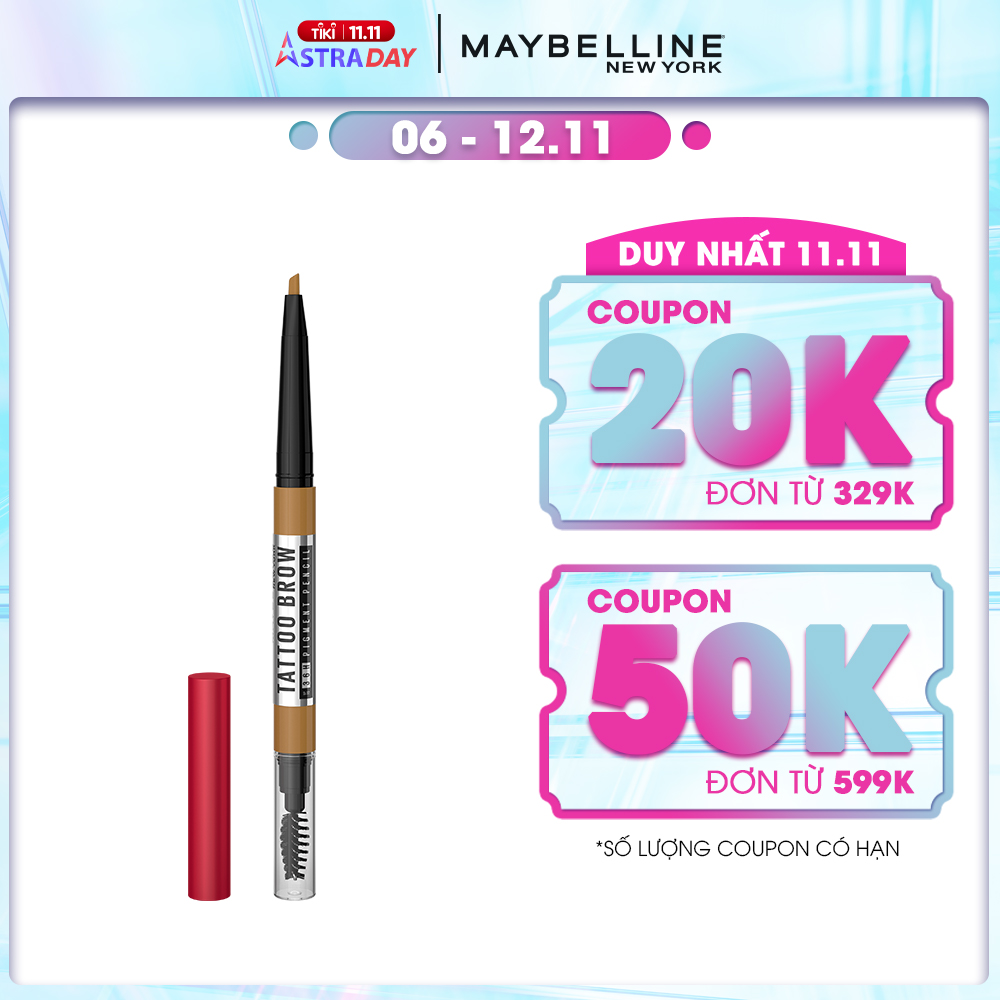 Chì Kẻ Mày 36H Lâu Trôi, Kháng Nước, Dễ Kẻ, Chuẩn Màu Tattoo Brow Maybelline New York Pigmented Pencil 0.25g