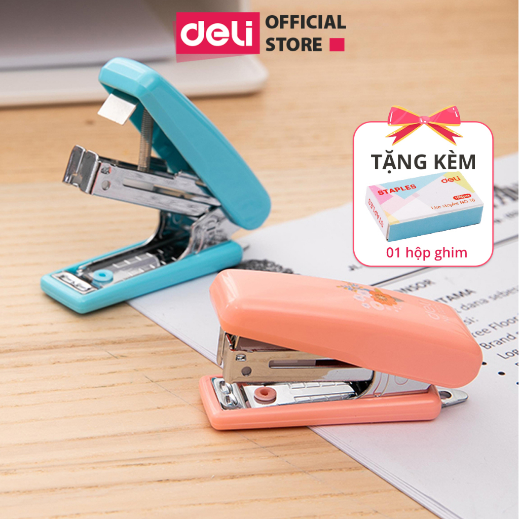  Dập ghim 10 Deli - Kèm 1000 ghim - Xanh, vàng, trắng, hồng - 1 cái E0254