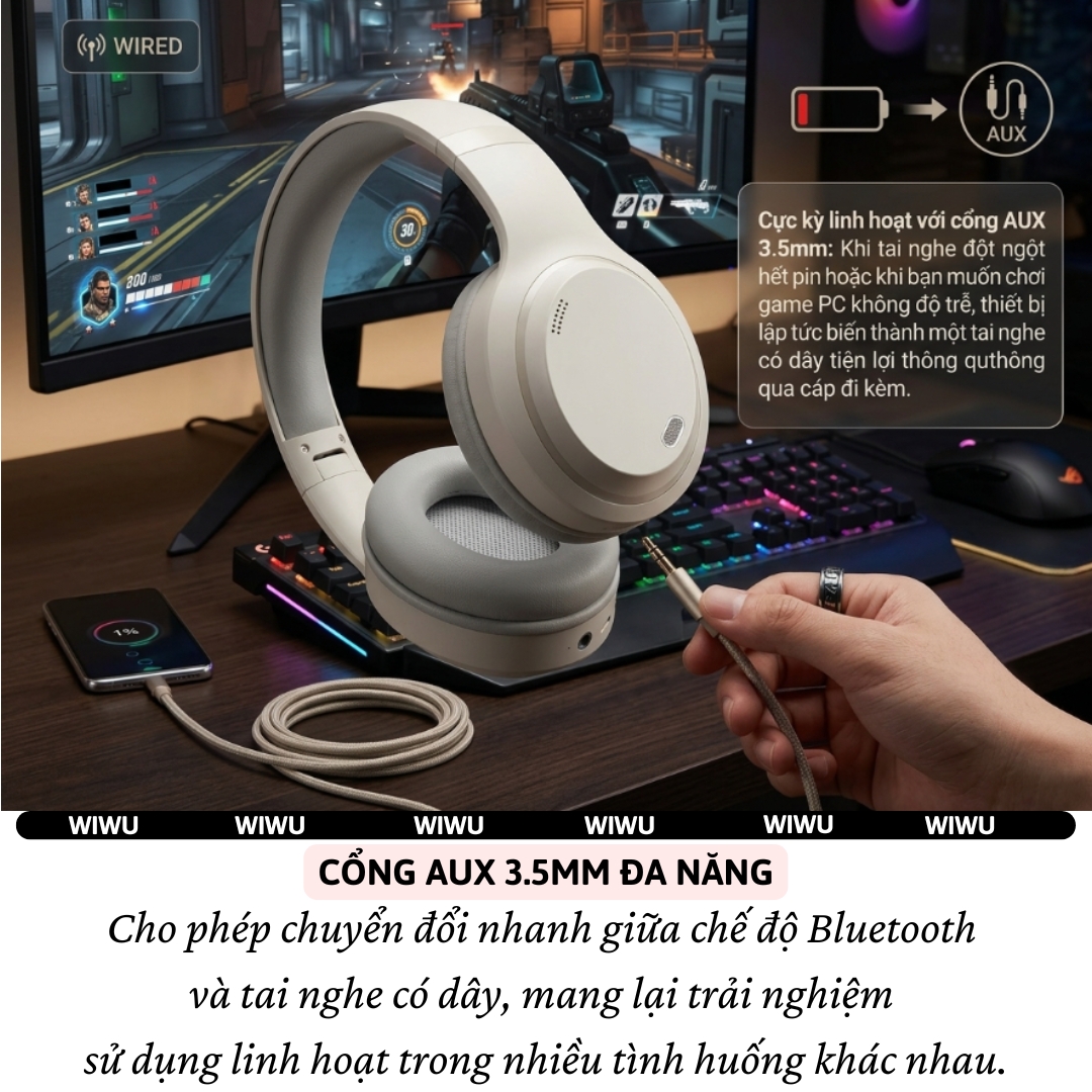 Tai Nghe Bluetooth V5.4 không dây Chụp Tai Pure Bass Hi-Res Audio WIWU JOYSOUND TD-11 - Pin khủng, cổng AUX 3.5mm cho iPhone iPad Samsung Oppo - Pure Bass + Hi-Res Audio, nghe nhạc 25 giờ,  nghe nhạc lossless chất lượng cao - Hàng nhập khẩu