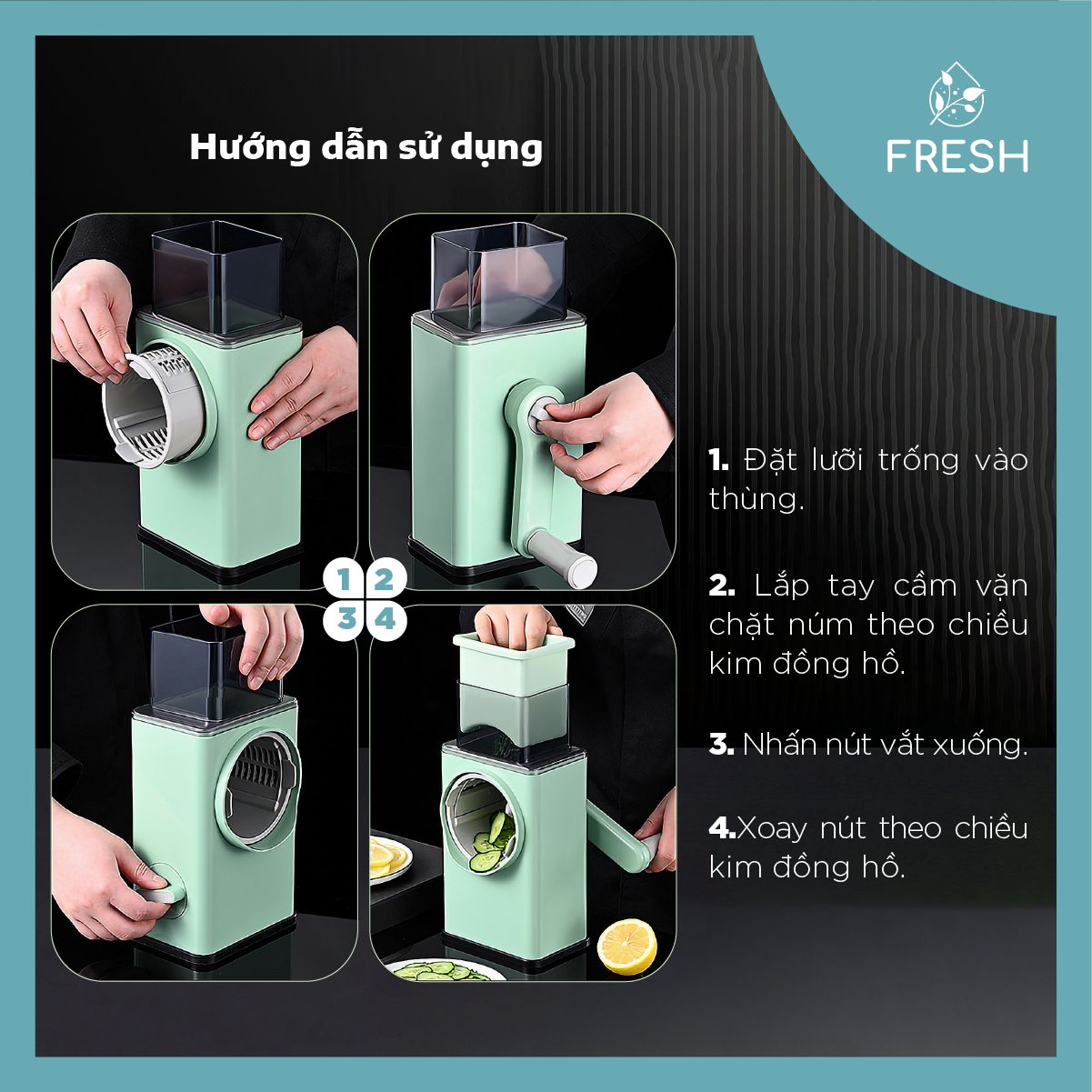 Máy Bào Sợi Rau Củ Đa Năng 3 Lưỡi Dao Dành Cho Các Nhà Hàng Quay 360 Độ Bằng Tay - FRESH