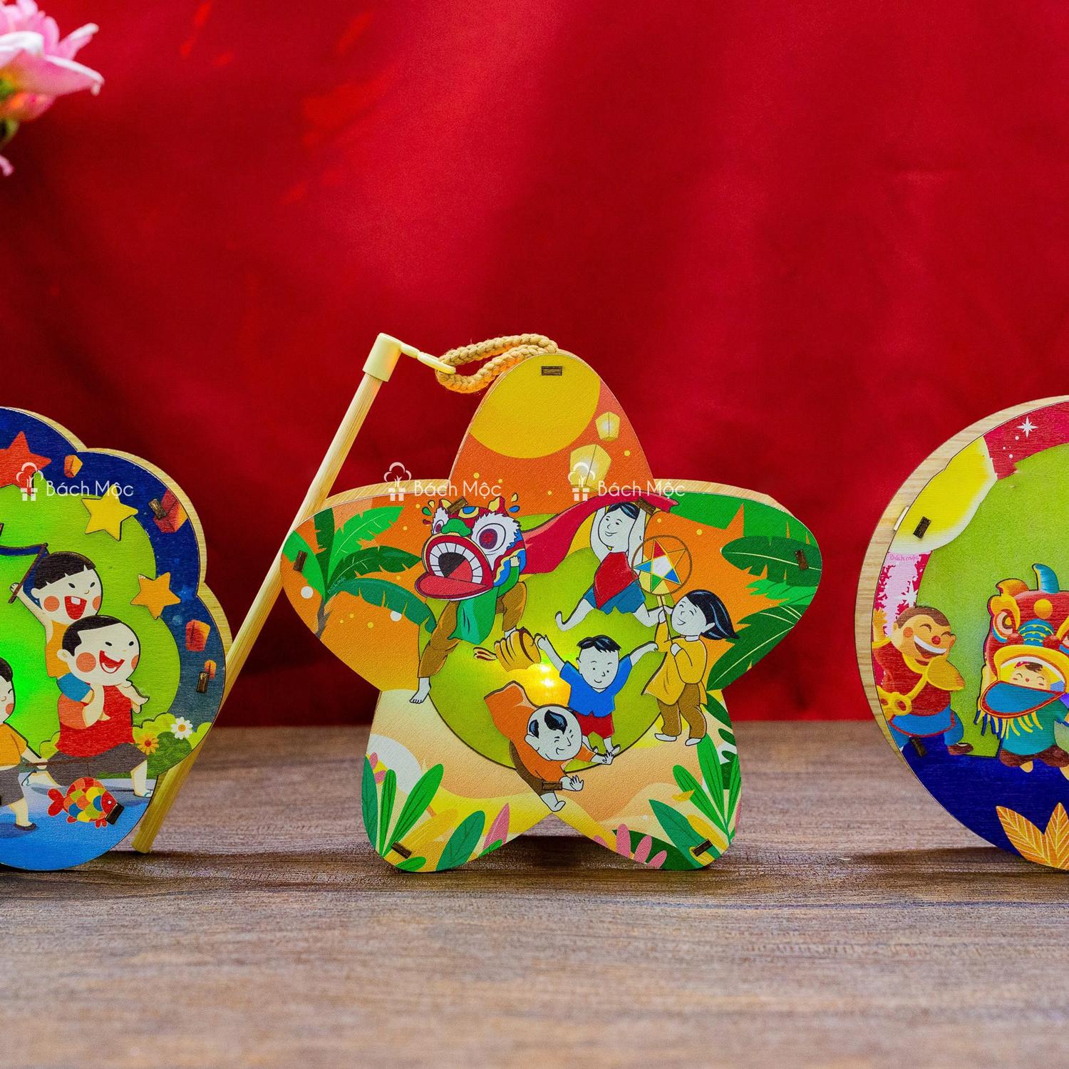 Lồng Đèn Trung Thu Gỗ 2 Mặt Màu - Bách Mộc - Lân Sao