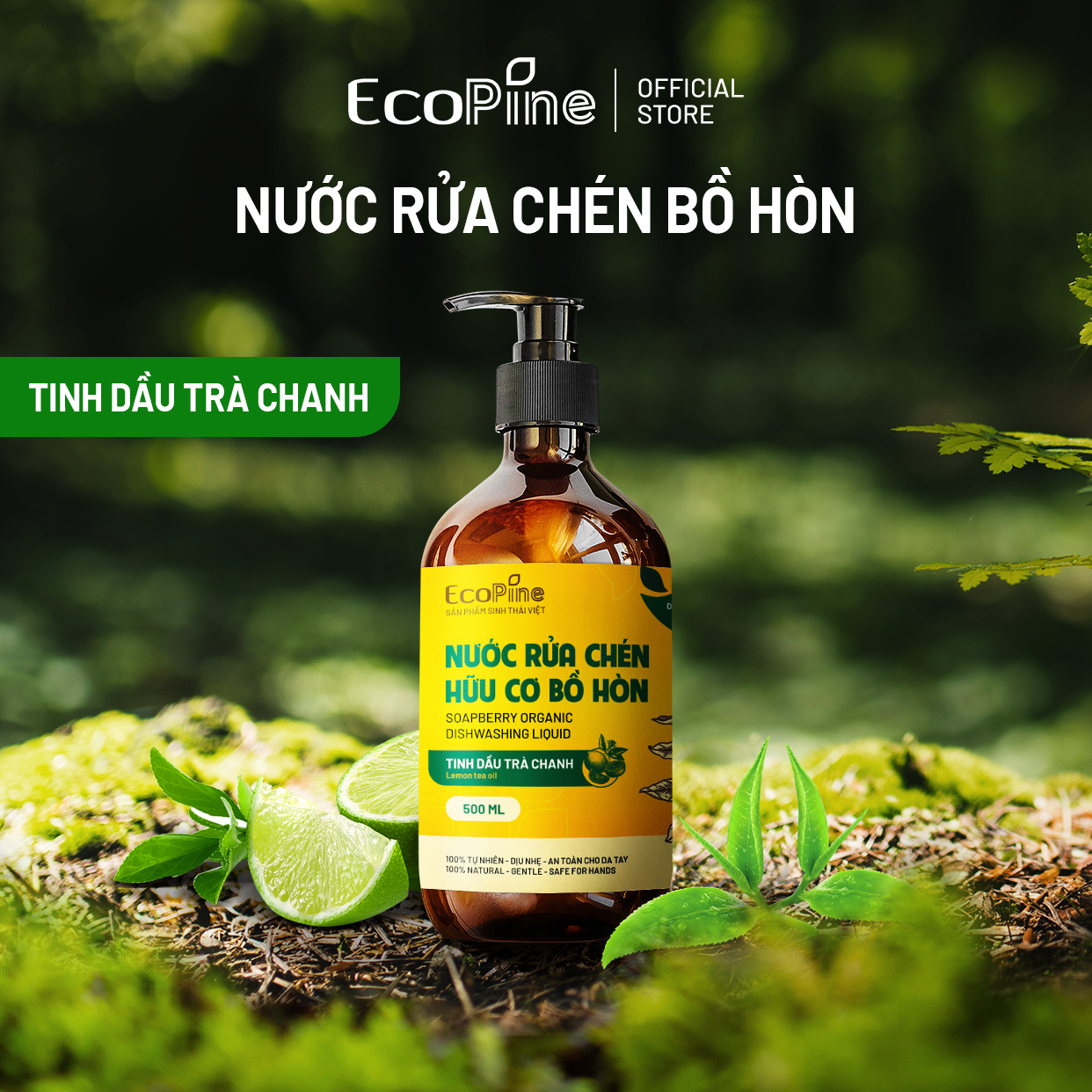 Nước rửa chén hữu cơ bồ hòn ECOPINE 500ml - Tinh dầu Trà Chanh